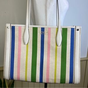 Kate Spade NY NWT Breezy Rainbow Stripe Tote Bag Multicolor Canvas Leather Purse